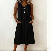 Fashionable Women's V-neck Sleeveless Lace Pocket Cotton Linen Dress L
