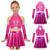 Kids Jazz Dance Costume with Gloves Sparkly Sequins Sleeveless Keyhole Back Crop Top and Metallic Flared Skirt Sequined Tassels for Recital 5-6 Years auksas