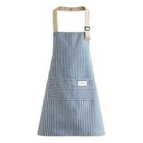 Adjustable Bib Apron with Large Patch Pocket Cotton Linen Stripe Cooking Apron Breathable Oil-Resistant Kitchen Apron for Men Women mėlyna