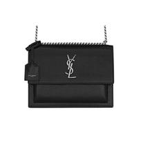 Saint Laurent Ysl Sunset Distressed Silver Logo Chain Coated Bark Leather Crossbody Shoulder Bag Women bags Black 442906-H3Z0N-1000 Basic Set (Bag+Dust Bag)