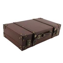 Leather Decorative Luggage Trunk Brown Wooden Storage Box  Home Organization