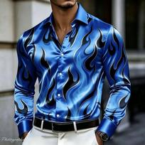 Men's satin silk shirt luxurious flame print long sleeved slim fit comfortable button down shirt casual business party top S