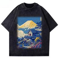 2026 Hot Sale Washed Vintage Mount Fuji Village Graphic T Shirt Japanese Countryside Art Print Unisex Cotton Crew Neck Short Sleeve Men Street Tee Top L