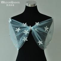Off Shoulder Tulle Bridal Shrug With 3D Lace Flower Appliques, Multi Color Sheer Wedding Wrap For Spaghetti Strap Mermaid Gown Pre-Wedding Photoshoot L