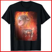 Moo Deng Bouncy Pig in Thai Fire Picture The Cute Baby Hippo Black T-Shirt S-5XL S