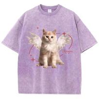 Cotton Washed T-Shirts Fashion All-Math Distressed Loose Short Sleeve Cute Angel Kitten Print Tops Summer Street Clothes S įvairiaspalvis