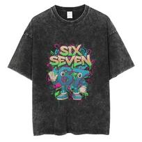 Funny Italian Brainrot Six Seven 67 Number Vintage Washed T-shirt Men Women Casual Humor T Shirts Male Fashion Oversized Tshirt S įvairiaspalvis