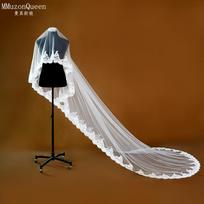 3M Cathedral Lace Edge Tulle Bridal Veil, Floral Embroidery Scalloped Lace Long Train Wedding Veil For Mermaid Satin Gown Church Wedding Shoot L