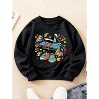 Kids Crewneck Sweatshirt, Trendy Cool Street Hip Hop DJ Sneaker Print Long Sleeve Top for Autumn Winter 110 juoda