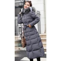 Winter Korean Style Long Lace up Over the Knee Thickened Cotton Coat for Women Solid Color Hooded with Large Fur Collar M