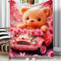 1pc Cute Teddy Bear in Pink Car Rose Flowers Butterflies Flannel Blanket Soft Romantic Throw for Kids Room Decor Gift Size: 75*100cm, Weight: 230 GSM