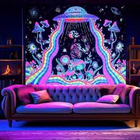UV Reactive UFO Skeleton Tapestry, Blacklight Trippy Mushroom & Alien Ship Wall Hanging for Psychedelic Room 100X70CM