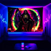 Dark Grim Reaper Tapestry Sickle Skeleton Dazzle Flame Gaming Room Escape Halloween Party Decoration 100X70CM