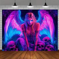 Dark Fallen Angel Skull UV Tapestry Black Light Lamp Pink Purple Neon Printing Hanging Cloth Room Decoration 100X70CM