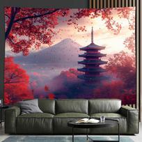 Traditional Japanese Architecture and Mount Fuji Landscape Wall Hanging Living Room Bedroom Decorative Polyester Tapestries 100X70CM
