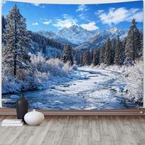 Cold Winter Valley Tapestry Frozen Stream Snow Laden Pine Mountain Scenery Wall Art for Country Style Room Decor 100X70CM