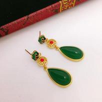 S925 silver retro ethnic landscape Thai blue auspicious cloud drop earrings ancient gold inlaid jade Hetian jade earrings