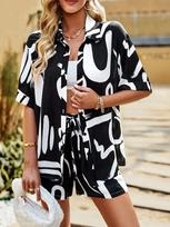 Fashion Women's Casual Printed Short Sleeve V-neck   Jumpsuit L juoda
