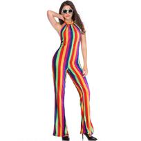 Rainbow striped print stage jumpsuit, clown costume cos women's costume, halloween costume M