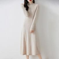 Solid color thin semi-turtleneck knitted dress women's autumn and winter new temperament elegant inside with backing sweater long dress One Size