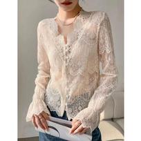 Women's Lace-Trimmed Long-Sleeve Shirt with Hollow-Out Collar - Elegant Spring/Autumn Top 3XL for 130-140 jin