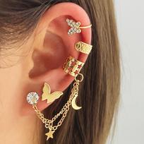 Exaggerated Rhinestone Butterfly Tassel Ear Cuff Set - Non-Pierced U-Shaped Alloy Stud Earrings