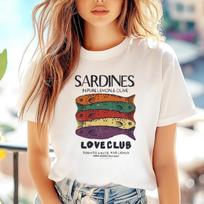 Colorful Sardine Club Pattern Print Women's Casual Style Basic Cartoon Women's Beach Holiday Summer Short Sleeve White Top T-Shi S balta