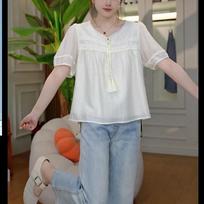 Women's Lace Trim Blouse V-Neck with Tassel Tie Puff Sleeves S