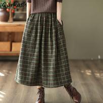 Vintage Plaid Midi Skirts Ladies Baggy High Waist A-line Thicker French Style Pockets Mujer Bottoms Popular  Luxury XXXL žalia
