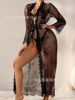 European and American sexy lingerie nightgown women's lace cardigan long nightgown perspective pajamas S