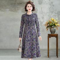 2026 Spring Retro Print Long Sleeve Knee-Length Dress for Middle-Aged and Elderly Moms - Stylish and Elegant Skirt XL 90-115 lbs