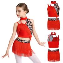 Kids Latin Stage Dance Wear Printed Asymmetrical Vest and Elastic Waistband Fringed Skirt for Salsa Tango 7-8 Years raudona