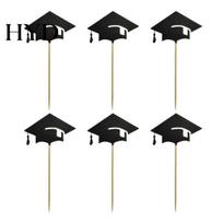 Black Glitter Cake Topper 6 Pcs Graduation Toppers, Mini Grad Cap Cupcake Wooden Skewer Pick Food Appetizer Picks for Class of 2026 Party Supplies Hat juoda