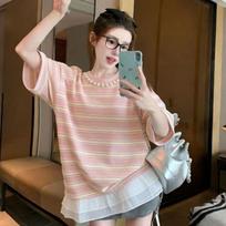Women's Striped T-shirt Female Patchwork Lace Round Neck Short Sleeved Blouse Summer New Korean Versatile Loose Top M