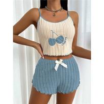Women's pajamas set pajamas 2-piece set airy soft casual printed pajamas L mėlyna