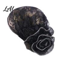 Soft Lace Turban Hat Hollow Design Headwrap with 3D Flower Decoration Spring Summer Hat High Elastic Fit Cap for Retro Style Headwear