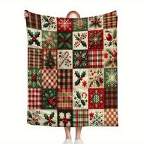 Christmas Joy Patchwork Fleece Blanket - Cozy Red & Green Holiday Design, Soft Polyester, Machine Washable, Perfect for Living Size: 75*100cm, Weight: 280 GSM beige