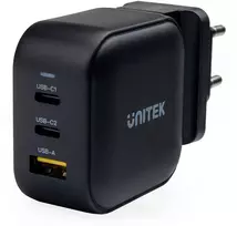 UNITEK GaN 66W 3-Port USB-C PD & QC 3.0 Charger Black