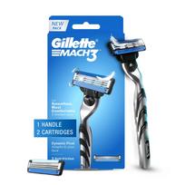 Gillette Mach 3 (Handle + 2 Cartridges) Shaving Razor For Men | Most Comfortable Shave | 3D Blade Technology That Adjusts To Your Face | Metal Hand