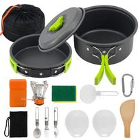 Portable 3-Piece Camping Cookware Set with Induction Stove Backpacking and Travel Outdoor Frying Pans Kitchen Kit žalia