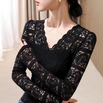 Women Plus Size Pullover Blouse Lace V Neck Long Sleeve Tops Loose Winter Slim Shirt S