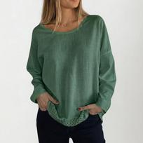 Women's Elegant Color Lace Trim Long Sleeve Round Neck Blouse XXL