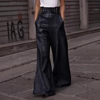 Women Fashion Faux Leather High Waist Wide Leg Loose Pants Sashes Zipper 2026 Spring Party Casual Street PU Trousers S juoda