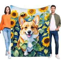 Corgi Blanket Cute Dog Sunflower Design Soft Fluffy Throw Blanket for All Seasons Perfect Gift for Dog Lovers and Home Decor Size: 75*100cm, Weight: 230 GSM