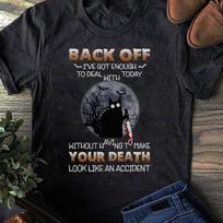 Funny Cat Halloween T-Shirt: Back Off Cat with Knife L