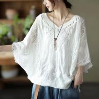 Cotton Foreign Style Hollow Out Lace Embroidery V-neck Top Women's Loose Large Sunscreen Blouse Holiday Style Outside onesize