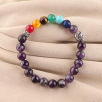 7 Chakra Amethyst Beaded Bracelet with Buddha Charm, Multicolor Gemstone Stretch Bracelet for Men and Women DB-16