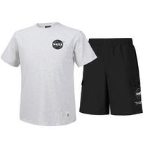 Nasa Unisex Cotton Blend Training Short Sleeve T-Shirt + Woven Knee-Length Shorts Set [Melange White + Black] 95