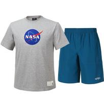 Nasa Unisex Training Cotton Blend Short Sleeve T-Shirt + Woven Knee-Length Shorts Set [Light Melange + Green Blue] 95