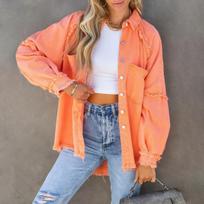 Long Sleeve Denim Jacket Women Washed Raw Edge Mid-Length Loose Jacket S oranžinė